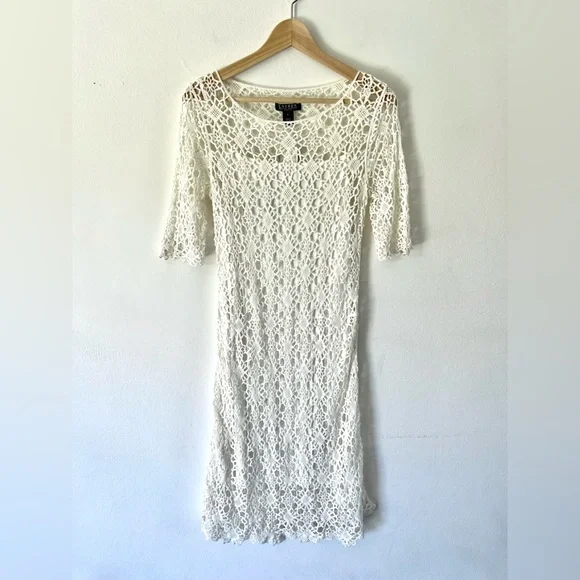 Lauren Ralph Lauren Ivory Crochet Cotton Half Sleeve Dress Size 6 NWT - Picture 1 of 11